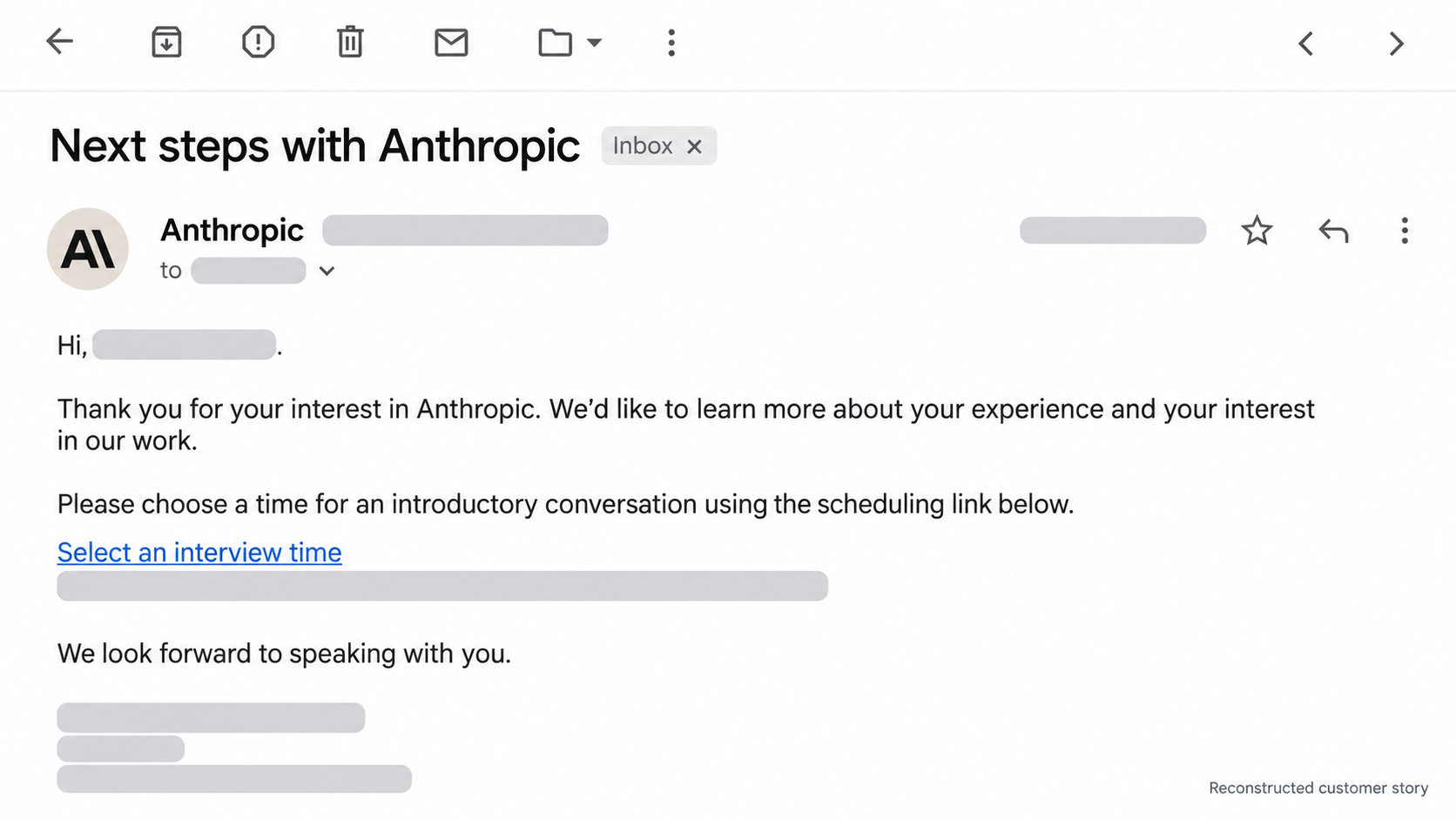Reconstructed Anthropic interview scheduling email with private details hidden.