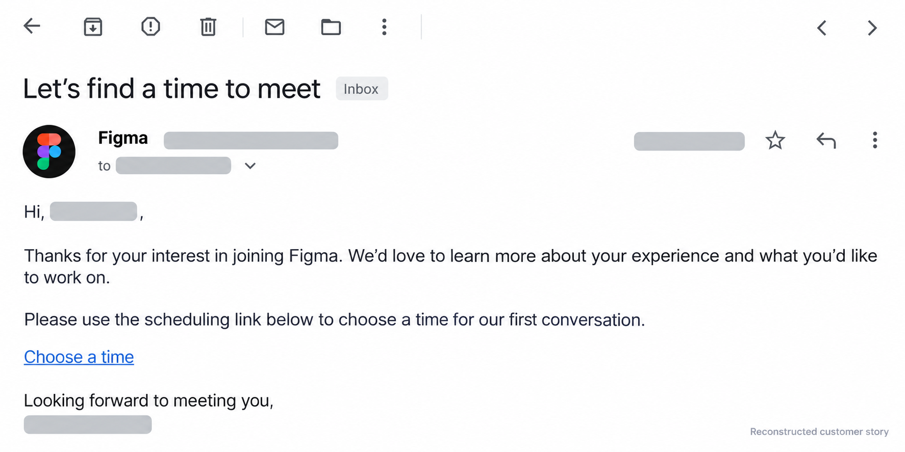 Reconstructed Figma interview scheduling email with private details hidden.