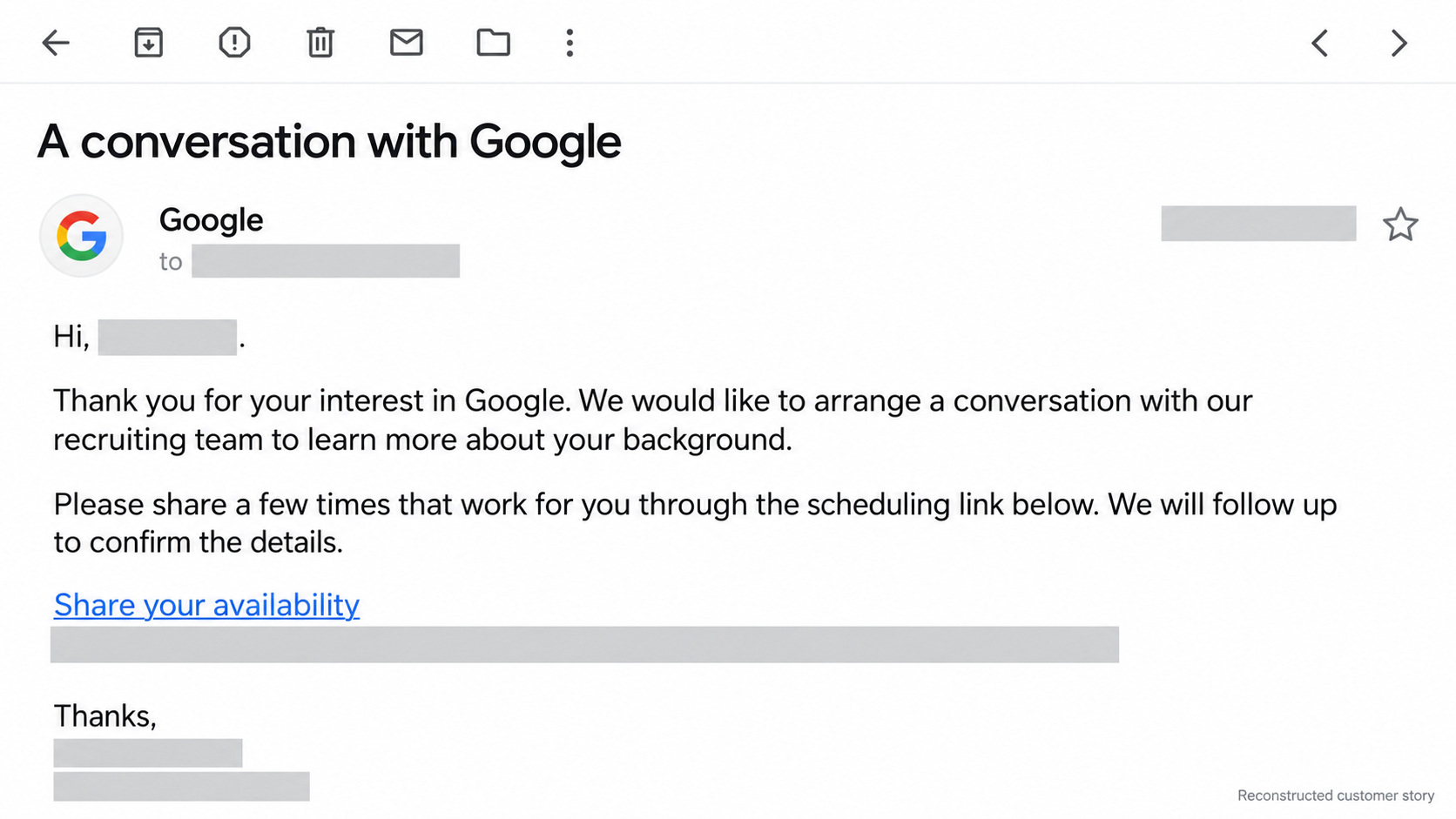 Reconstructed Google interview scheduling email with private details hidden.