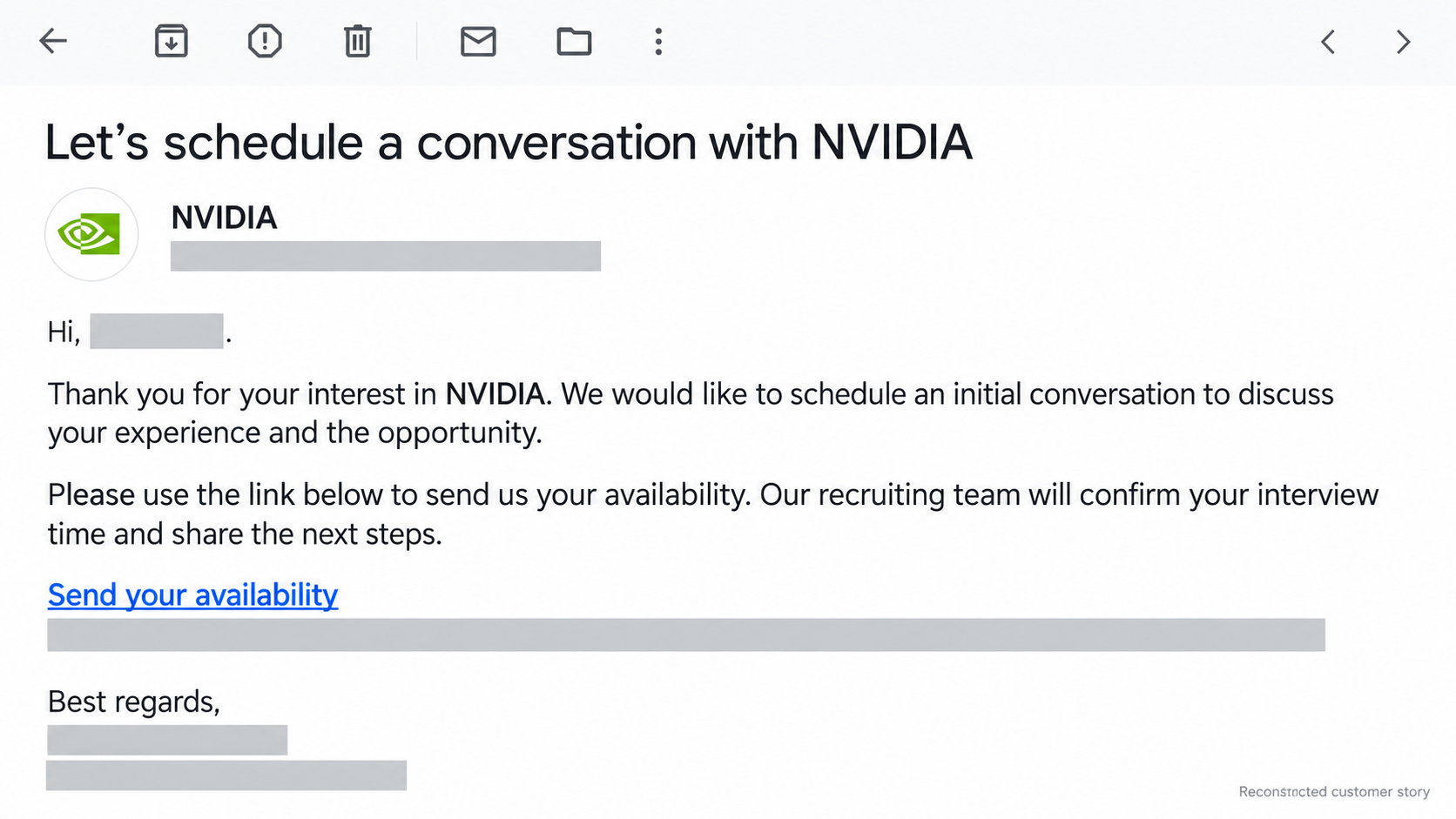 Reconstructed NVIDIA interview scheduling email with private details hidden.