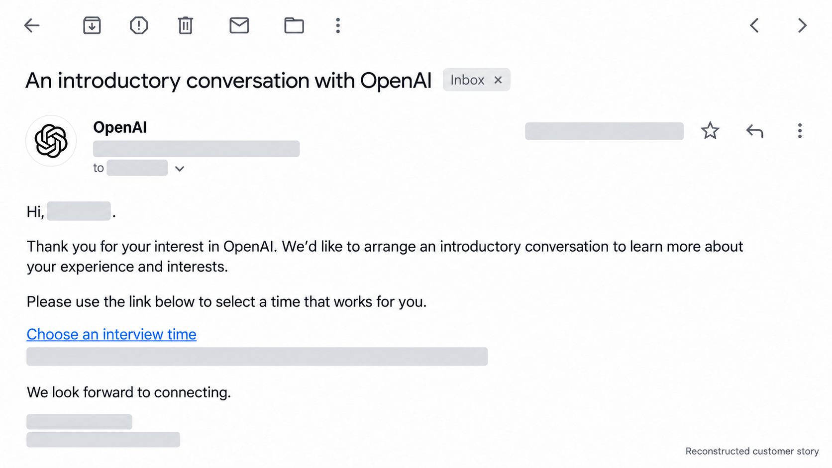 Reconstructed OpenAI interview scheduling email with private details hidden.