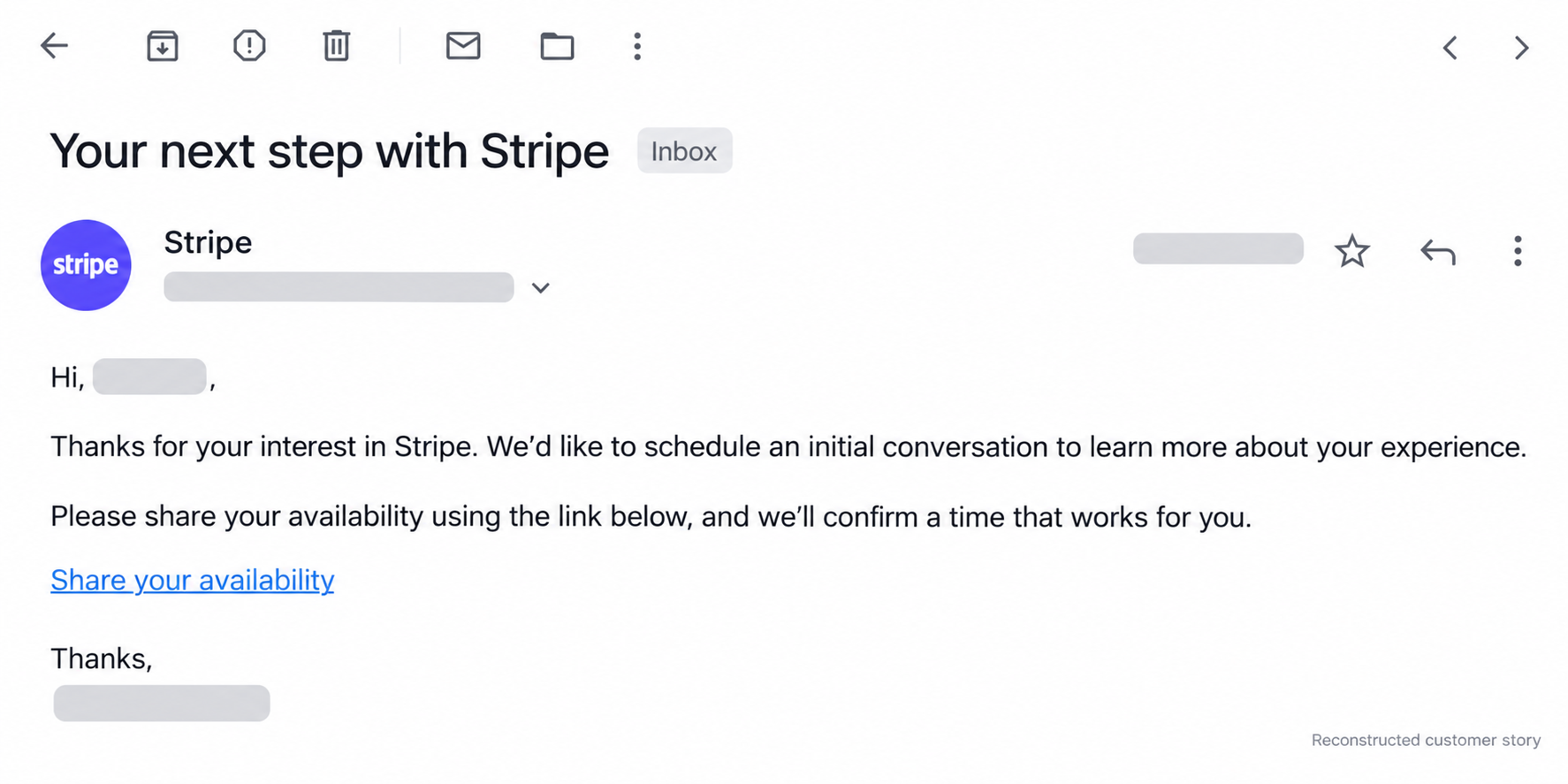 Reconstructed Stripe interview scheduling email with private details hidden.