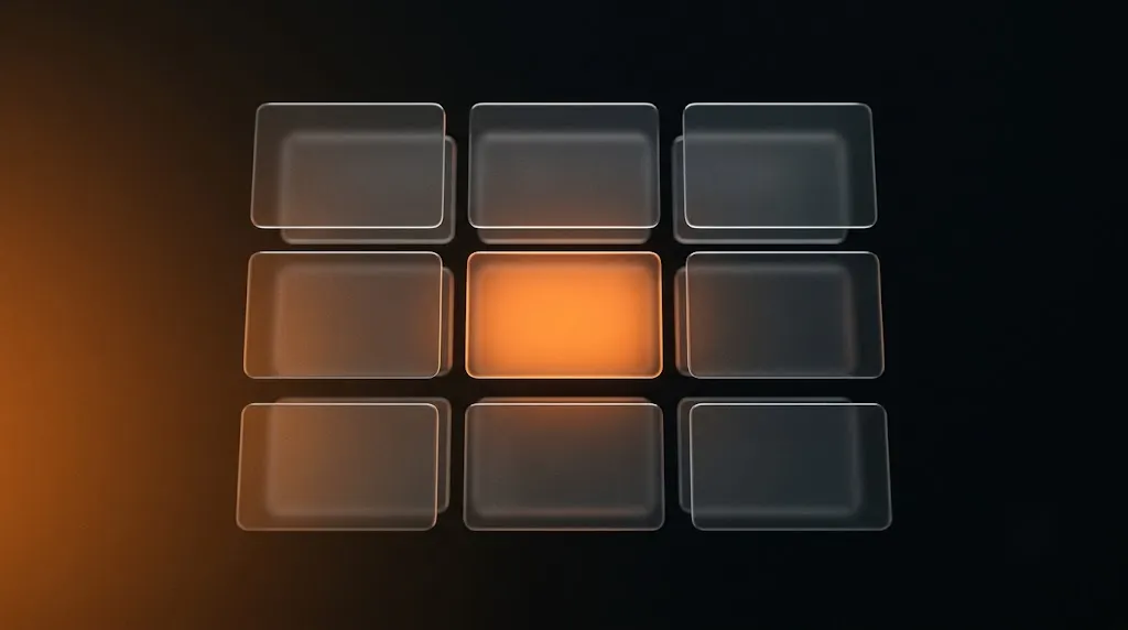 A three by three grid of frosted glass tiles on a dark background, with only the centre tile lit warm orange